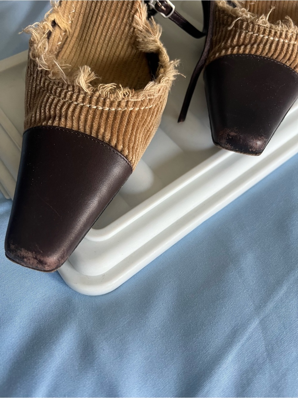 Casadei Brown Corduroy & Dark Brown Leather Slingback Heels - Picture 7 of 14
